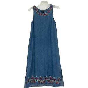 Vintage Agapo Denim Midi Dress Floral Embroidered Sleeveless Side Slits Size M